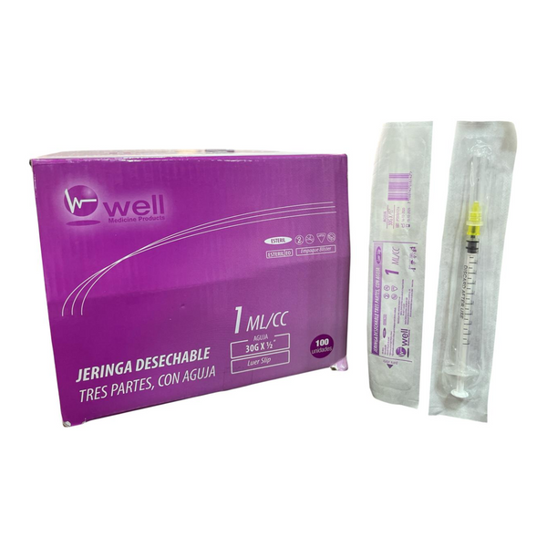 Jeringa Desechable 1 mL con Aguja 30G x ½" Tres Partes Well