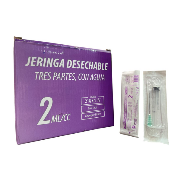 Jeringa Desechable 2 mL con Aguja 21G x 1½" Tres Partes Well