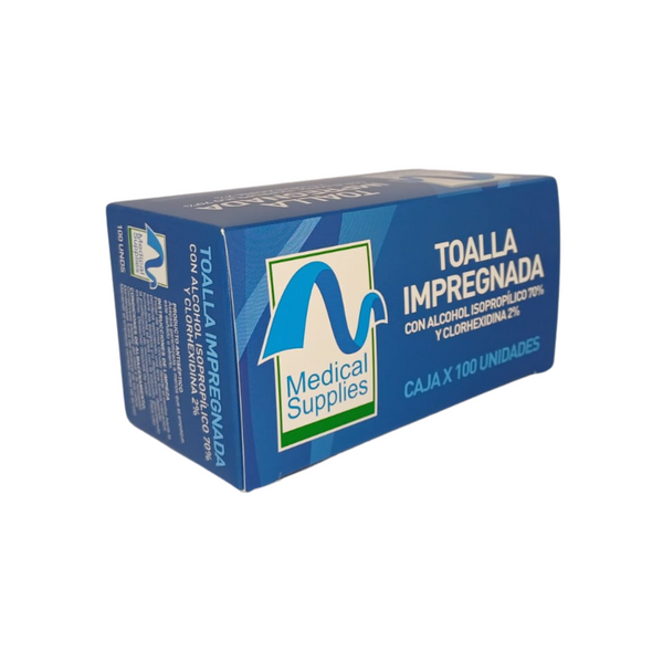 Toalla Impregnada con Alcohol Isopropílico al 70% y Clorhexidina al 2% Caja x 100 Und